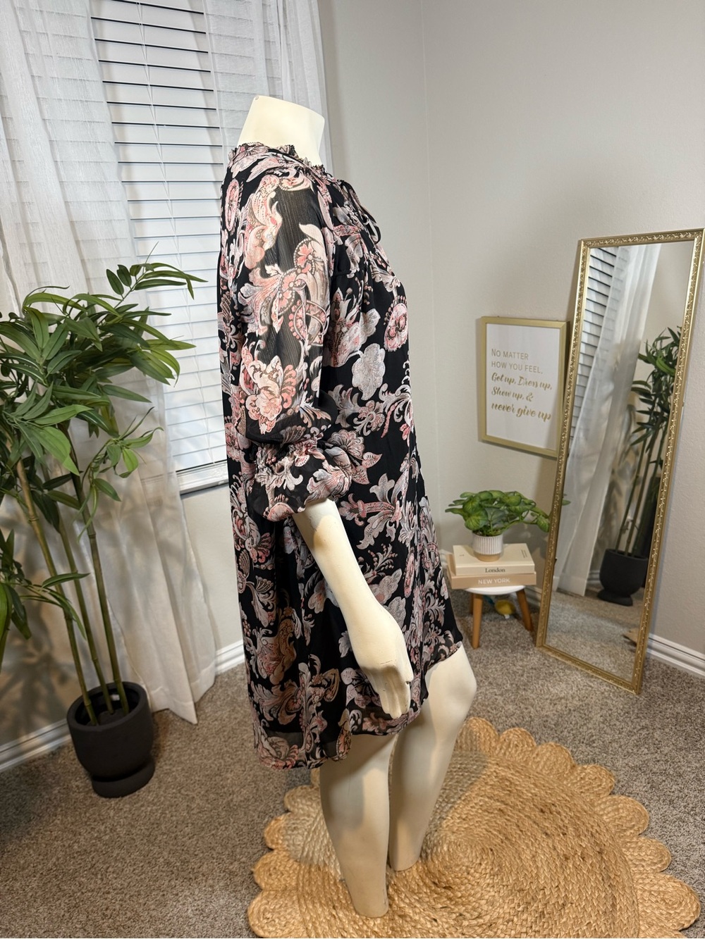 LOFT Black Floral Paisley Pintuck Tie-Neck Mini Dress - Picture 3 of 9